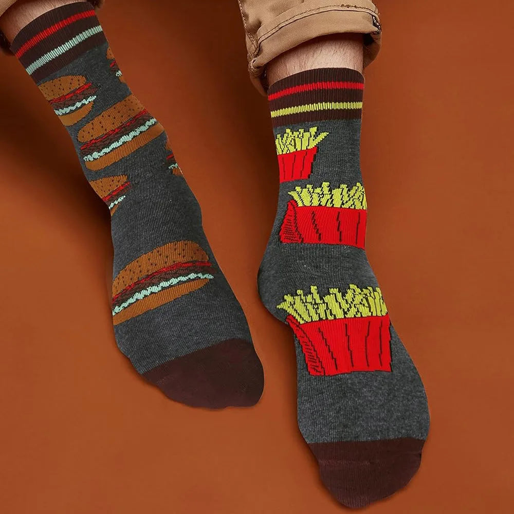 Men's Novelty Cotton Crew Socks - Mismatched Animal & Fruit Design
