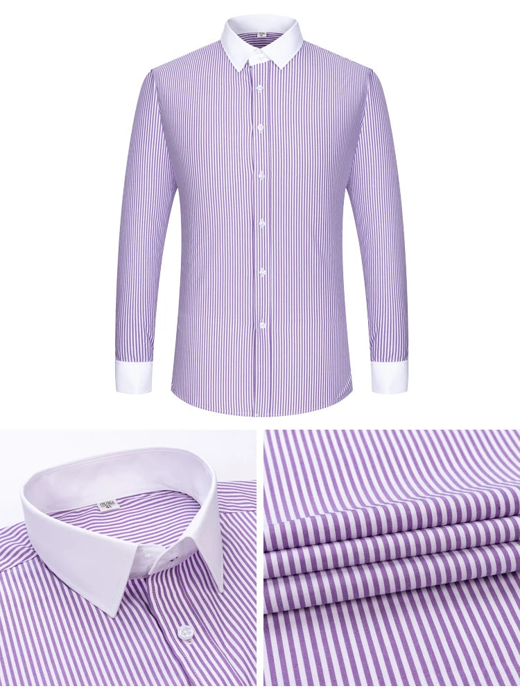 Men's Formal Long Sleeve Striped Shirt with French Cuffs & Contrast Spread Collar, Suitable for Business Wedding, All Seasons