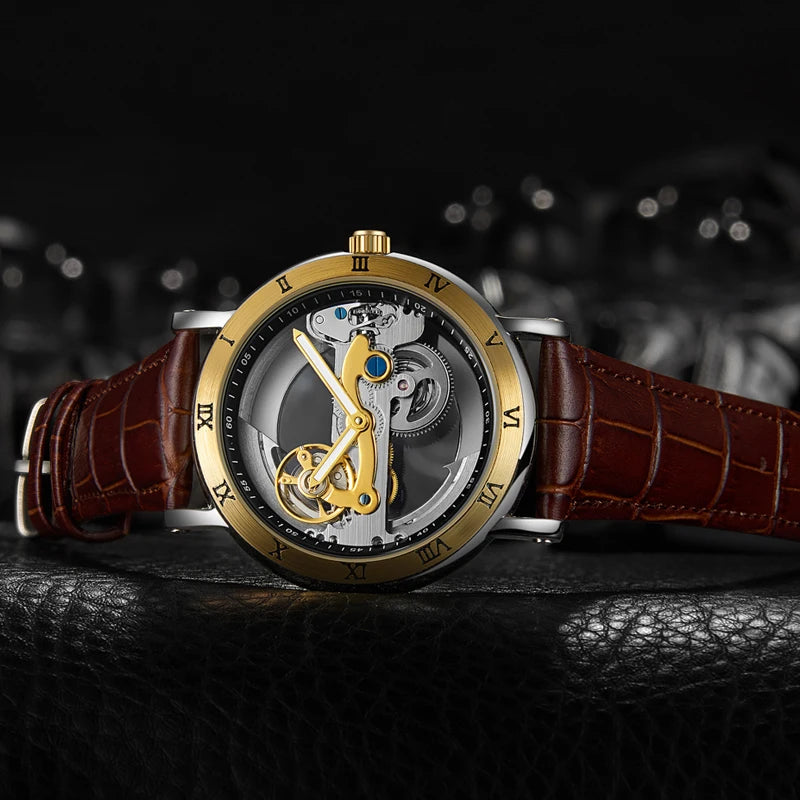 Automatic Skeleton Watch - Golden Bridge Mechanical Wristwatch for Men