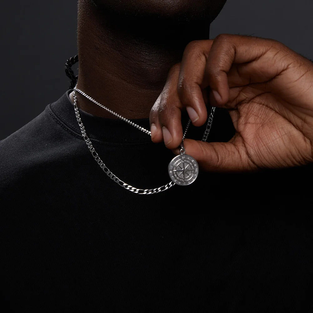 Vnox Layered Necklaces for Men Compass Pendant and Stainless Steel Cuban Figaro Wheat Chain - Casual Retro Collar Style