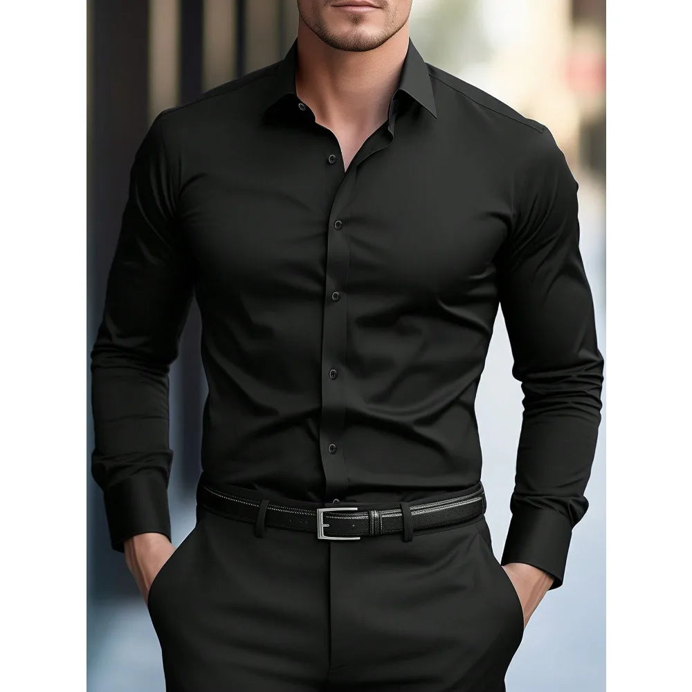 Men's Solid Color Elastic Long Sleeve Four Seasons Smart Casual Business Shirt