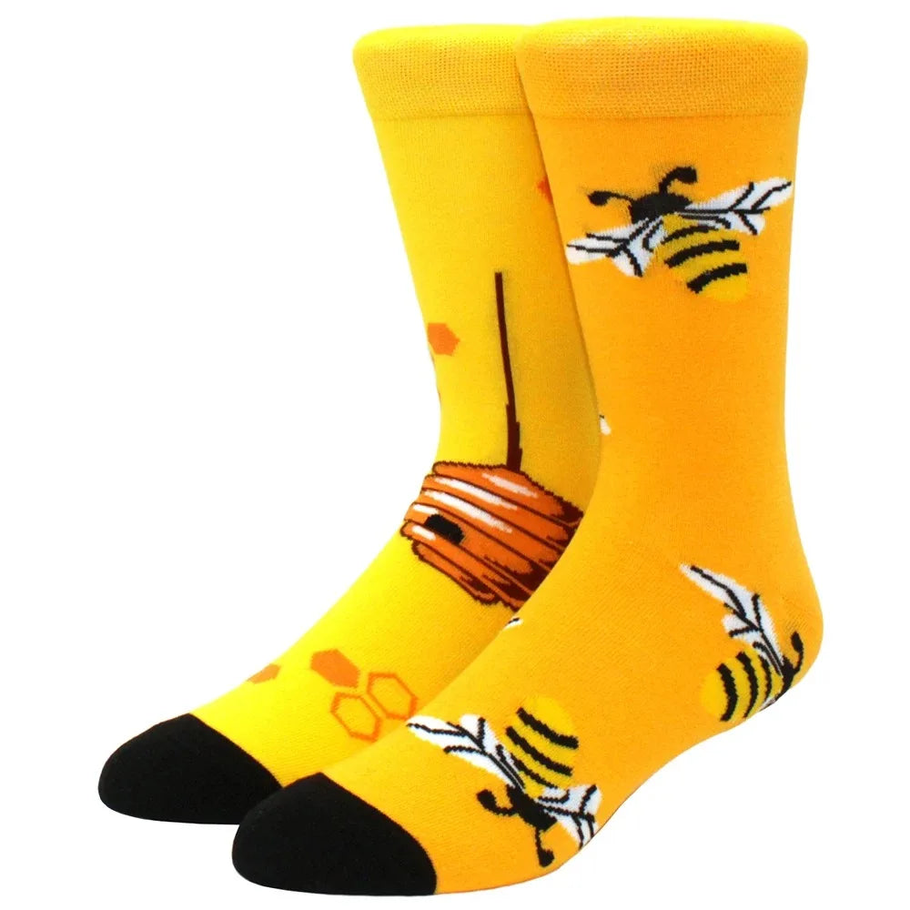 Men's Novelty Cotton Crew Socks - Mismatched Animal & Fruit Design
