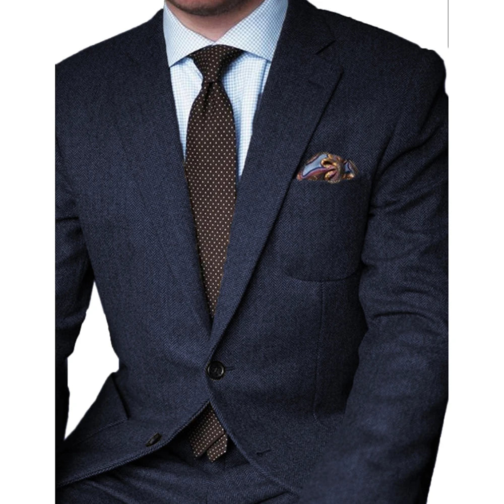 Brown Herringbone Tweed Casual Men Suits for Winter 2 Piece Wedding Groomsmen Tuxedo Male Suit Jacket with Pants New Fashion