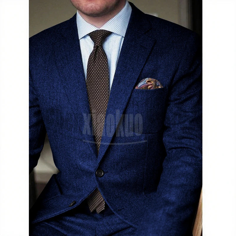 Brown Herringbone Tweed Casual Men Suits for Winter 2 Piece Wedding Groomsmen Tuxedo Male Suit Jacket with Pants New Fashion