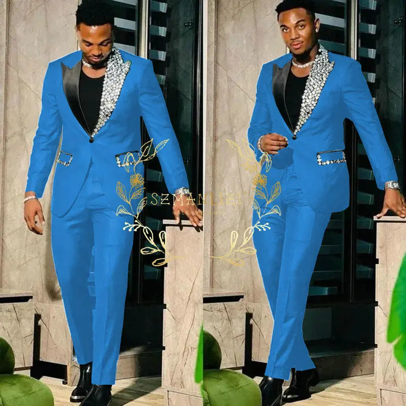 Slim Fit Suit Single Breasted Peak Lapel Blazer High Quality Crystal Prom Party 2 Piece Jacket & Pants for Men
