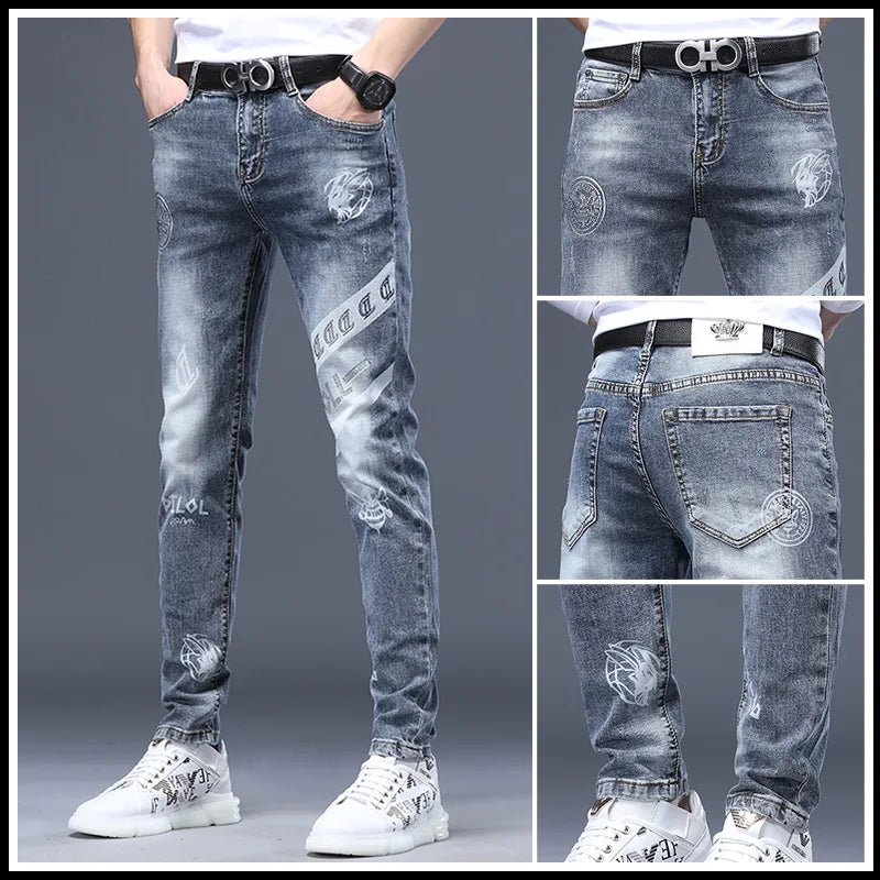 Men's Embroidered Slim Fit Denim Jeans - Stretch Ripped Design