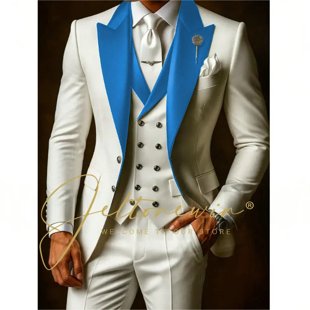 White Suit Set For Men Wedding Party Fashion Blazer Vest Pants Formal  Groom Groomsmen Tailor-made Male High Quality Tuxedos