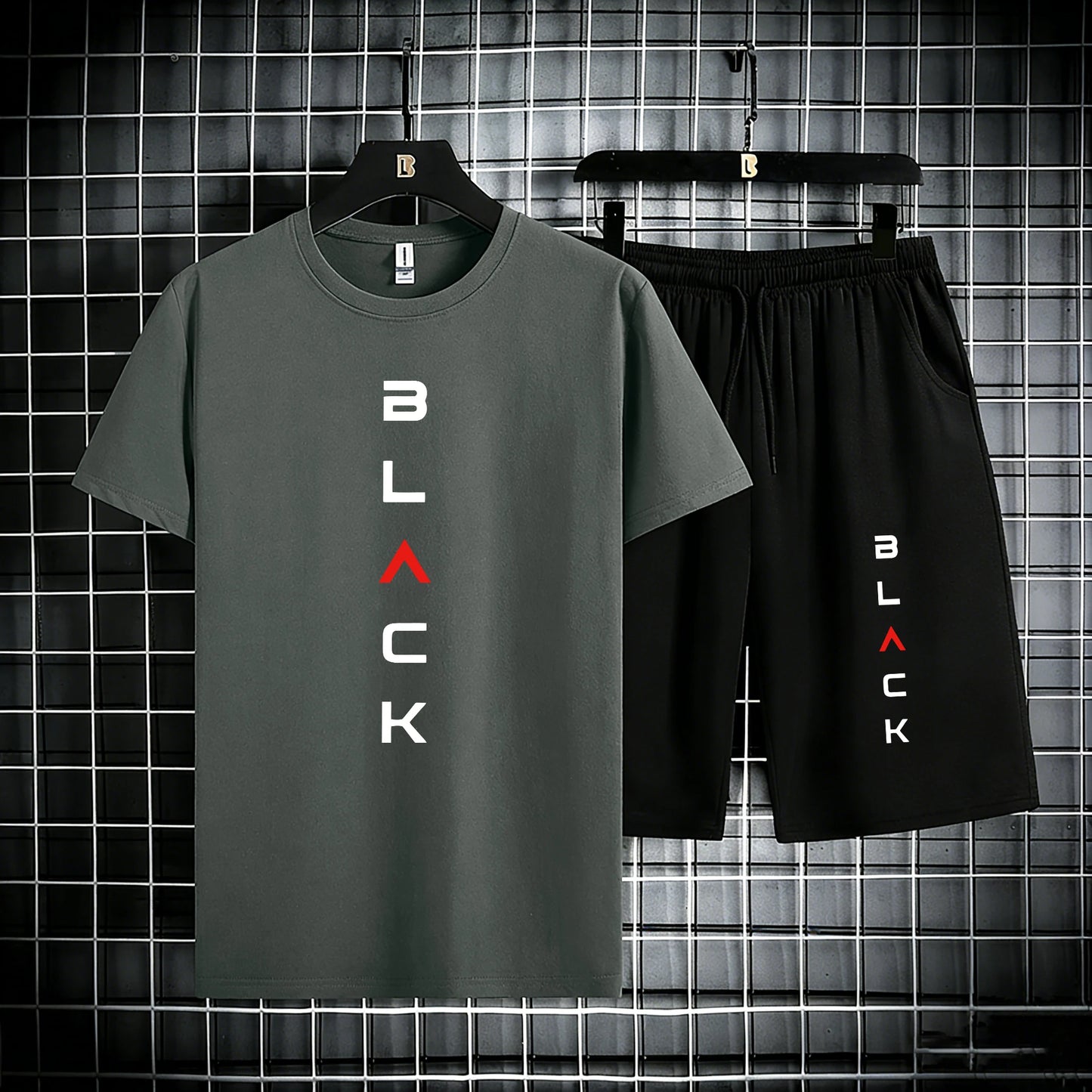Black Simple Letter Pattern Mens Cotton Summer Classic Short Suits Cool All-Match Streetwear Soft Pocket Bottom Daily 2Pc Set