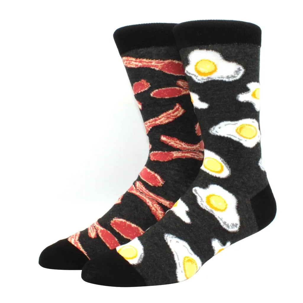 Men's Novelty Cotton Crew Socks - Mismatched Animal & Fruit Design