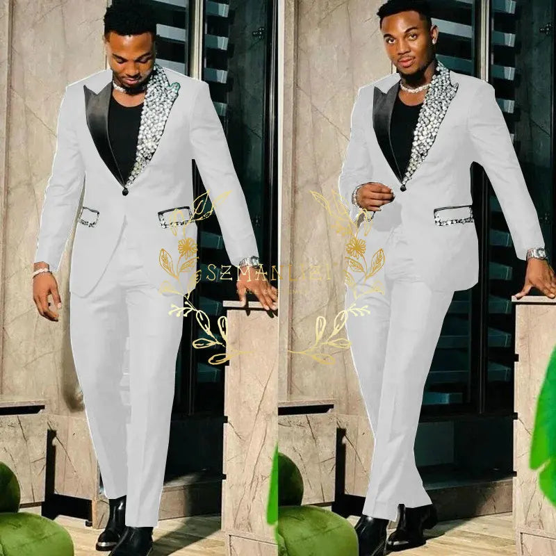 Slim Fit Suit Single Breasted Peak Lapel Blazer High Quality Crystal Prom Party 2 Piece Jacket & Pants for Men