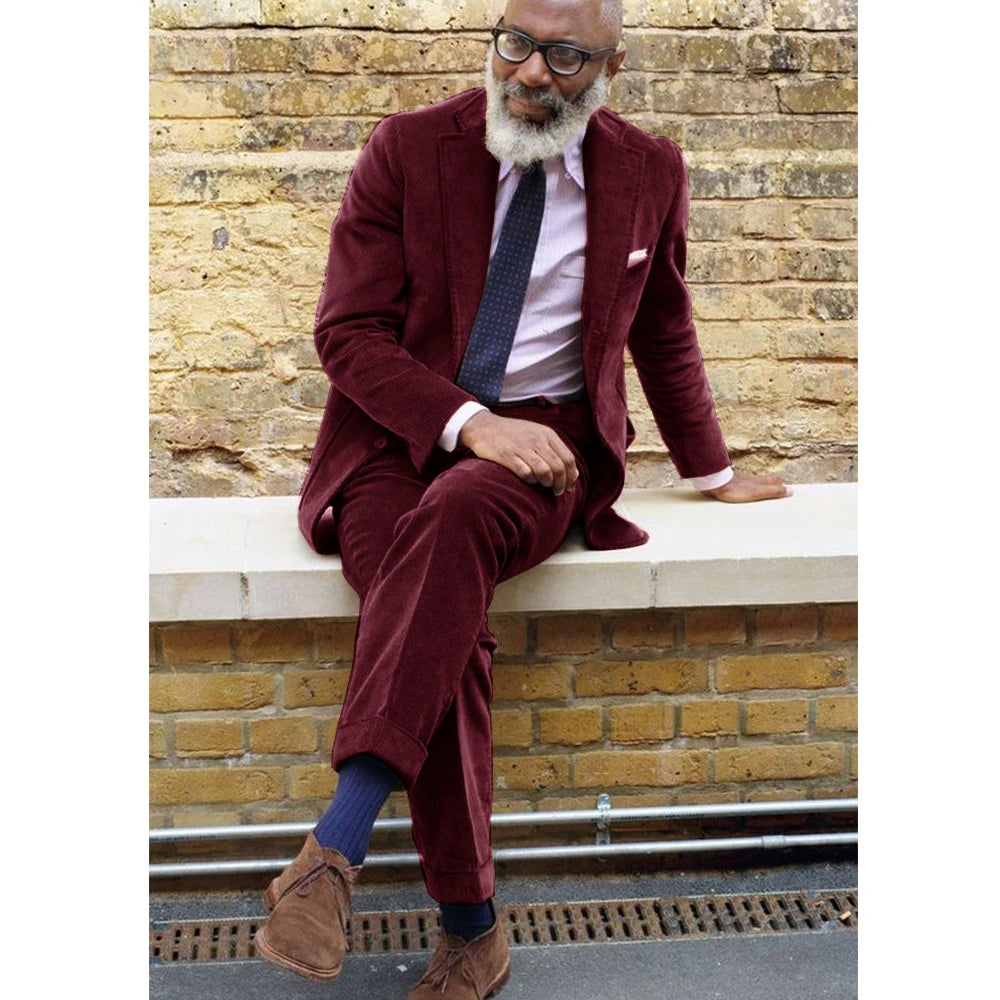 Men's Corduroy Casual Suit Fashion Single Breasted 2 Piece Set Jacket Blazer Pant Business Workwear Groom's Tailcoat Suit
