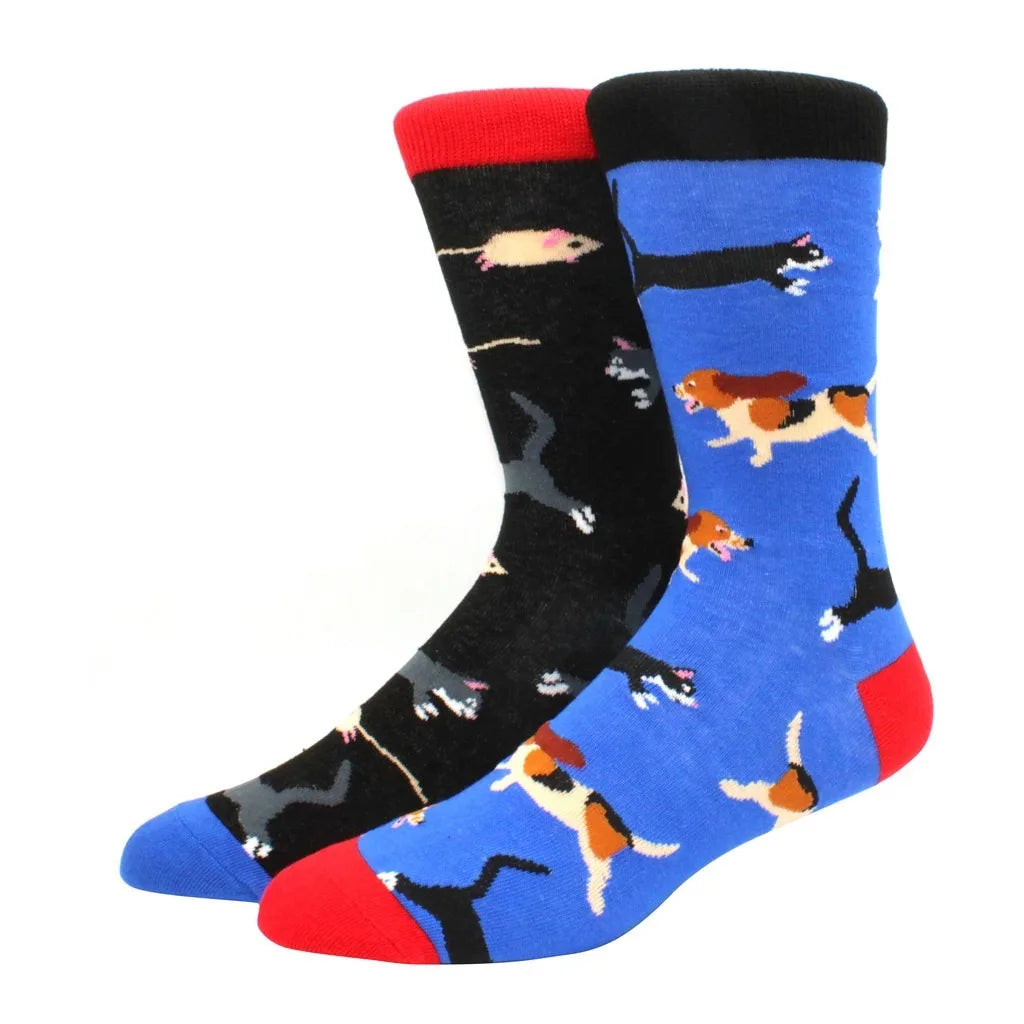 Men's Novelty Cotton Crew Socks - Mismatched Animal & Fruit Design
