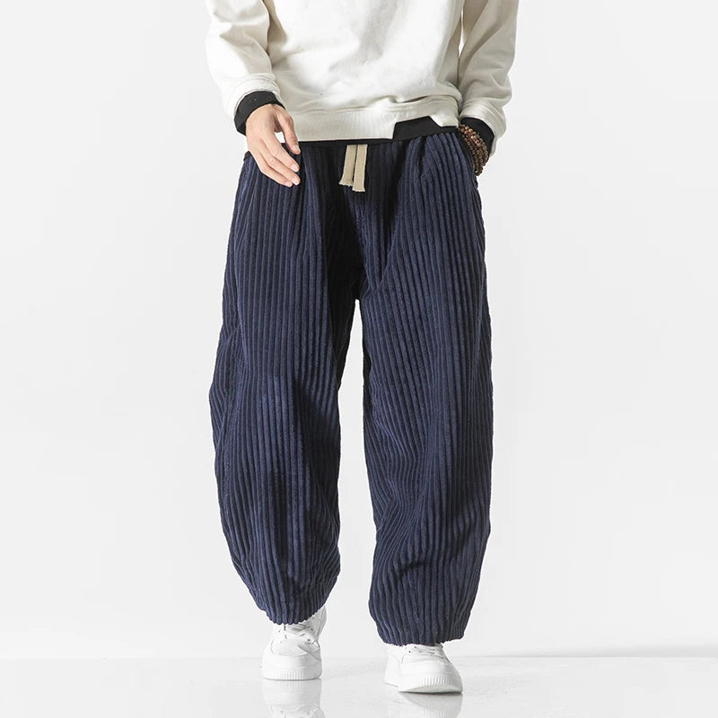 Men's Corduroy Harem Pants - Loose Fit Casual Joggers with Drawstring