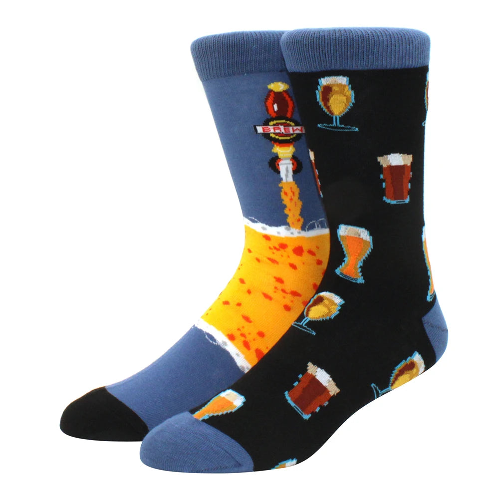 Men's Novelty Cotton Crew Socks - Mismatched Animal & Fruit Design