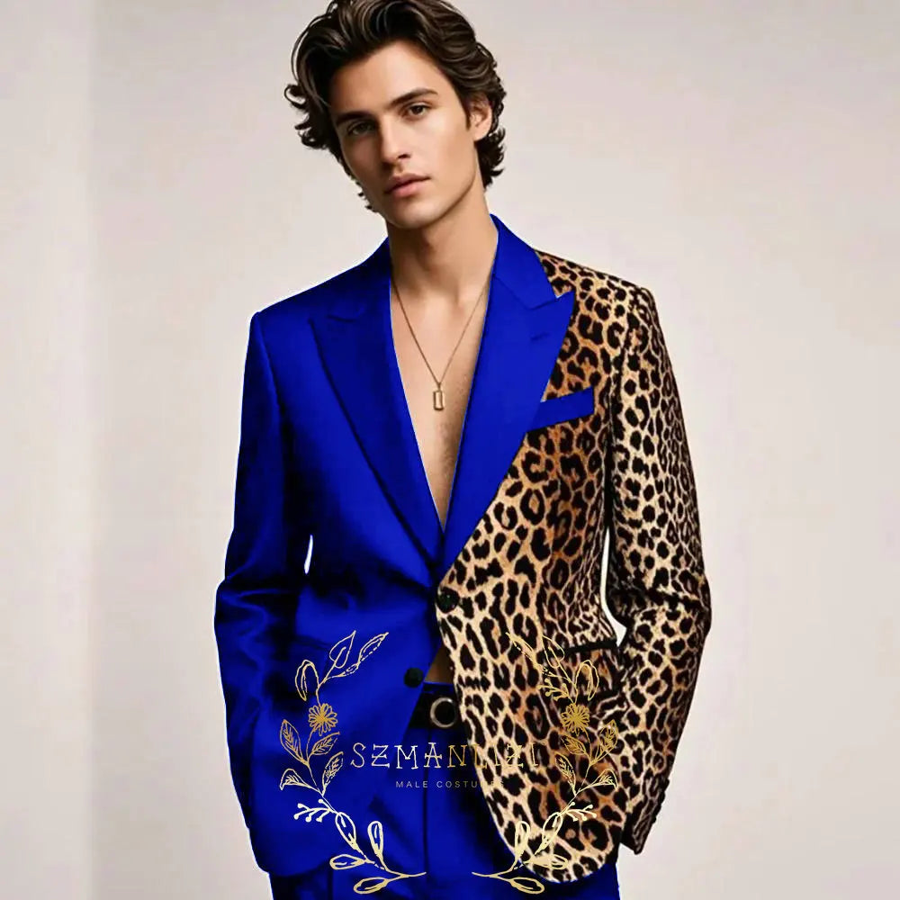 Fashion Suit for Men Leopard Print Peaked Lapel Slim Fit 2 Piece Jacket Pants Blazer Wedding Party Tuxedo Male Clothing