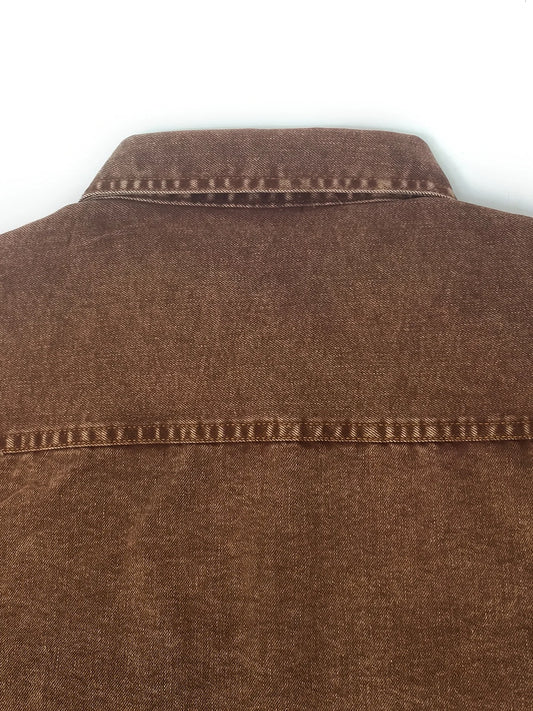 Men's Vintage Washed Denim Long Sleeve Shirt Hand-Washed Workwear Style Brown Shirt with Double Pockets and Diamond Buttons