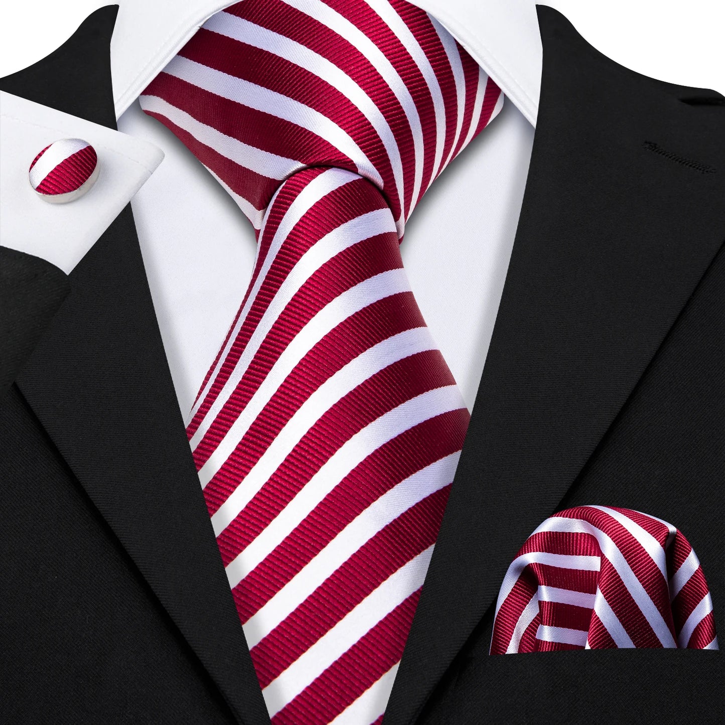 Barry.Wang Red Silk Mens Tie Hanky Cufflinks Set Burgundy Maroon Scarlet Carmine Rose Jacquard Necktie For Male Wedding Party