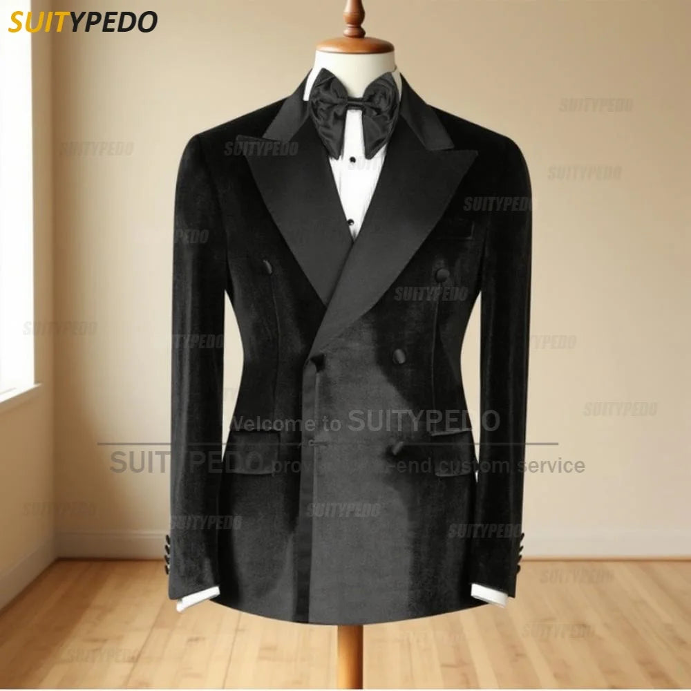 Elegant Velet Peak Lapel Blazers for Men Fashion Brief Double Breasted Office Work Suit Tuxedo Coat 1 Piece Formal Evening Gown