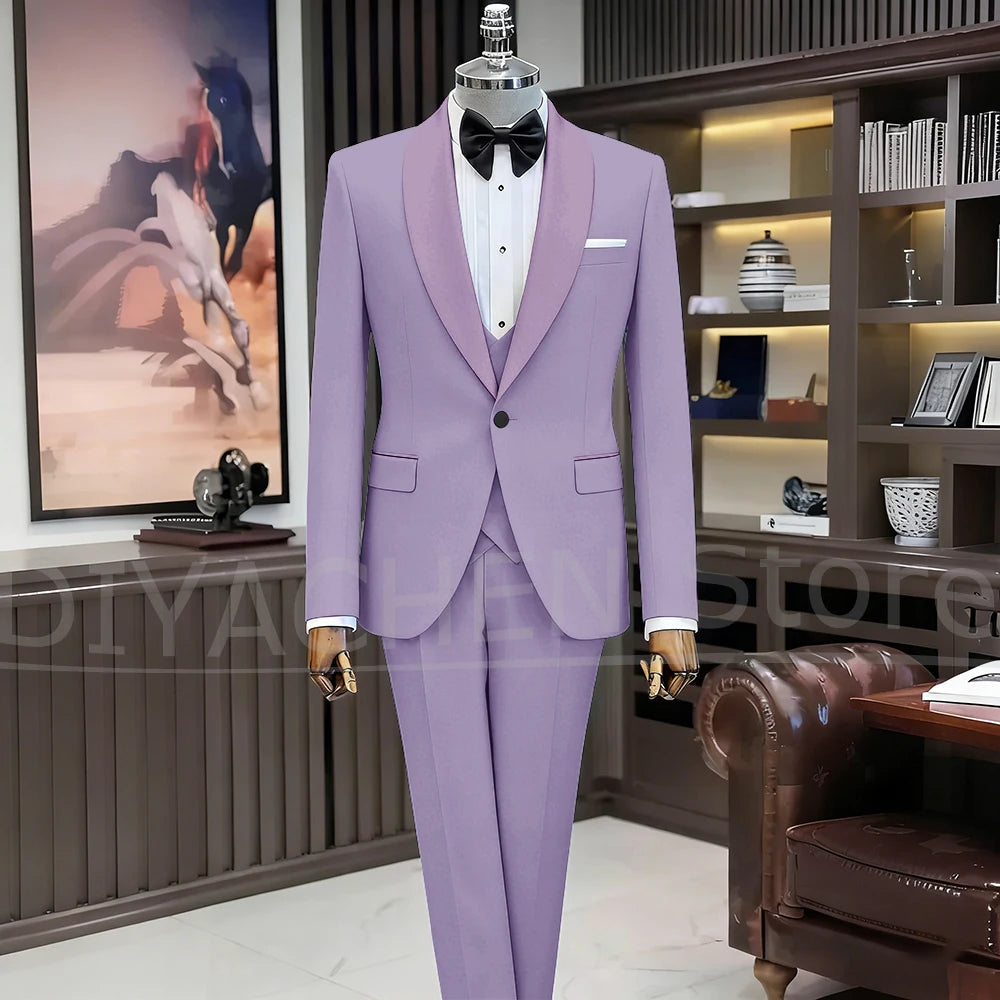 Black Suits for Men Elegant Shawl Lapel One Button Male Suit Slim (Jacket+Vest+Pants) Banquet Prom Wedding Party Tuxedo 3 Piece