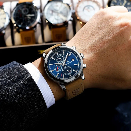 Luxury Men's Chronograph Watch - Waterproof Leather Quartz Timepiece