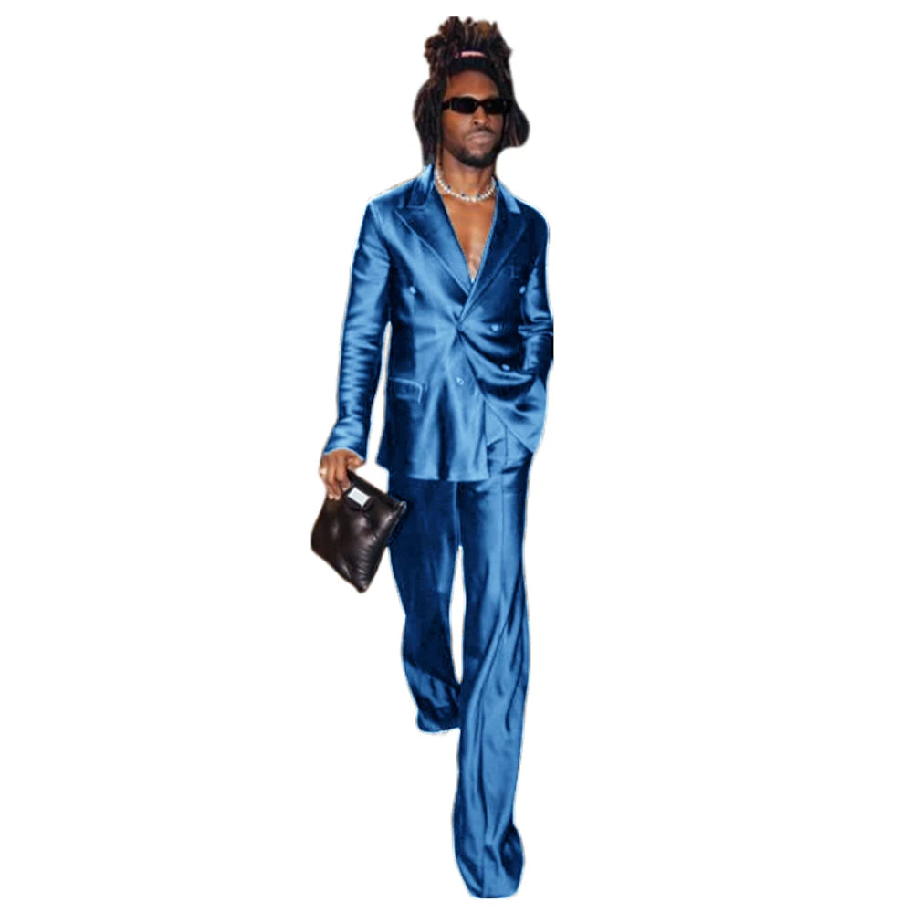 Men's Suit Satin Men Costume Luxurious Double Breasted Complete 2 Pieces Suit Peaked Lapel Jackets Dancing Party Fashion