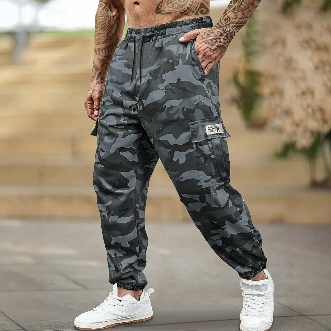Trendy Camo Cargo Pants - Casual Loose Fit Elastic Waist Trousers With Pockets For Outdoor Activities