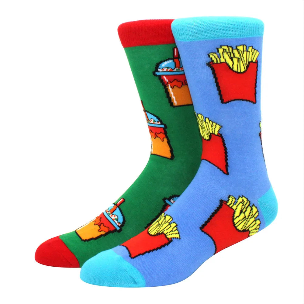 Men's Novelty Cotton Crew Socks - Mismatched Animal & Fruit Design