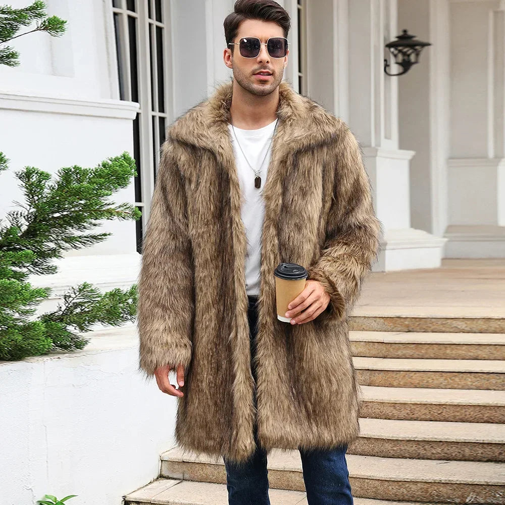 Men's Luxury Faux Fur Winter Coat - Long Sleeve Warm Jacket