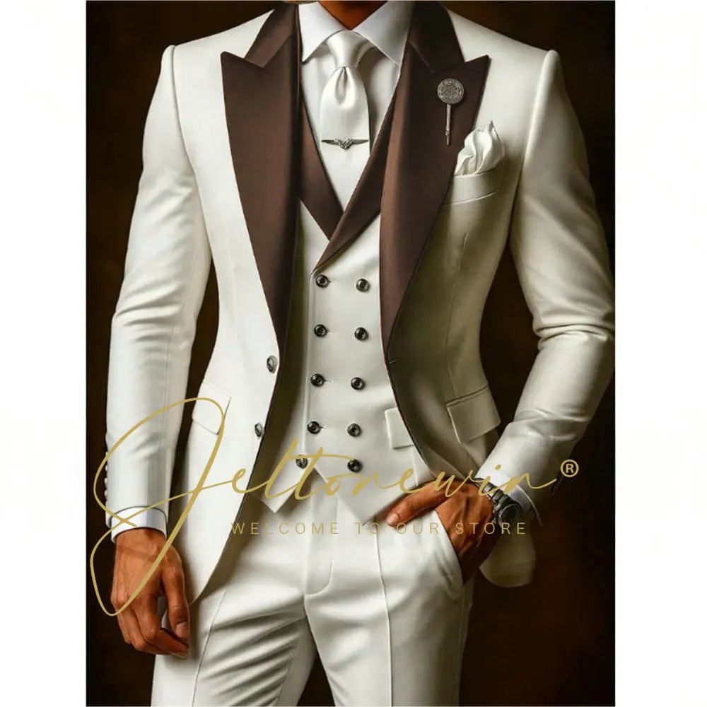 White Suit Set For Men Wedding Party Fashion Blazer Vest Pants Formal  Groom Groomsmen Tailor-made Male High Quality Tuxedos