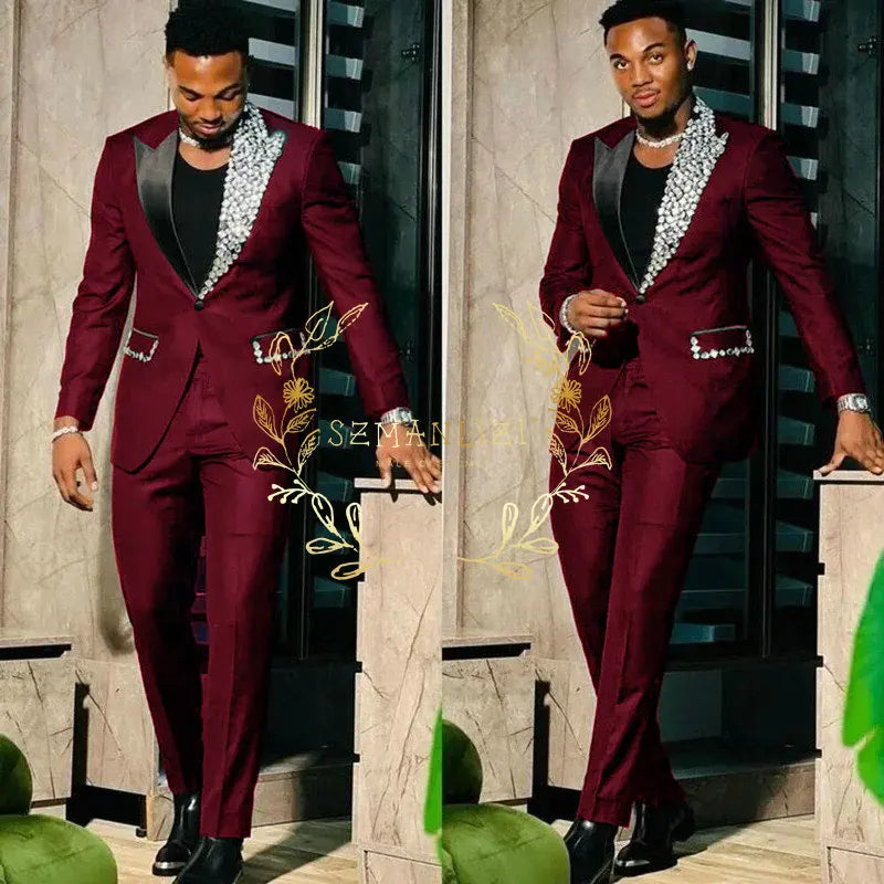 Slim Fit Suit Single Breasted Peak Lapel Blazer High Quality Crystal Prom Party 2 Piece Jacket & Pants for Men
