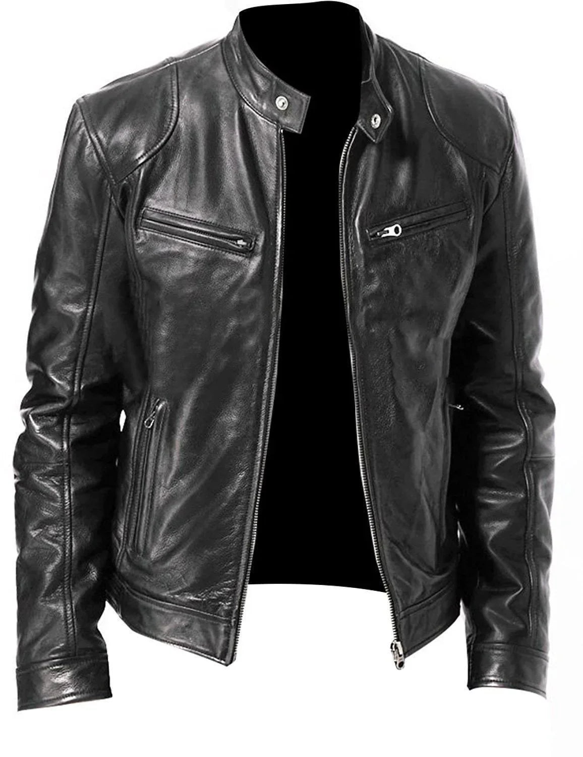 Mens Motorcycle PU Leather Jacket Slim Fit Short-Coat Autumn New Zipper Stand Windproof