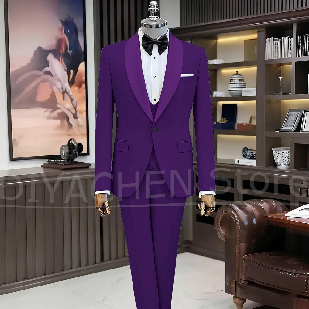 Black Suits for Men Elegant Shawl Lapel One Button Male Suit Slim (Jacket+Vest+Pants) Banquet Prom Wedding Party Tuxedo 3 Piece