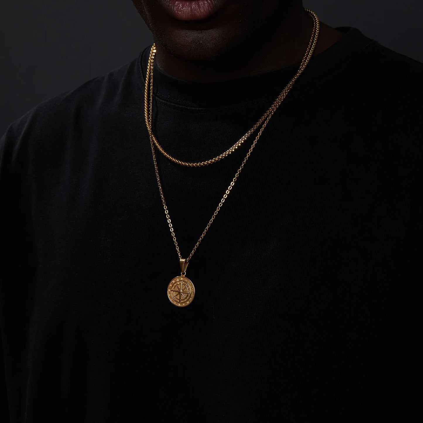 Vnox Layered Necklaces for Men Compass Pendant and Stainless Steel Cuban Figaro Wheat Chain - Casual Retro Collar Style