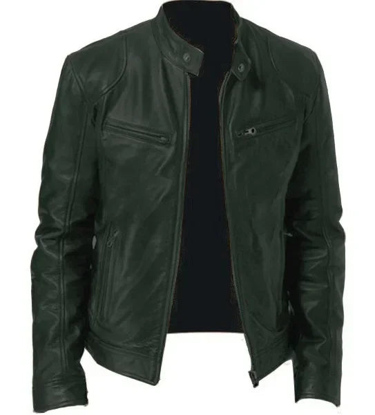 Mens Motorcycle PU Leather Jacket Slim Fit Short-Coat Autumn New Zipper Stand Windproof