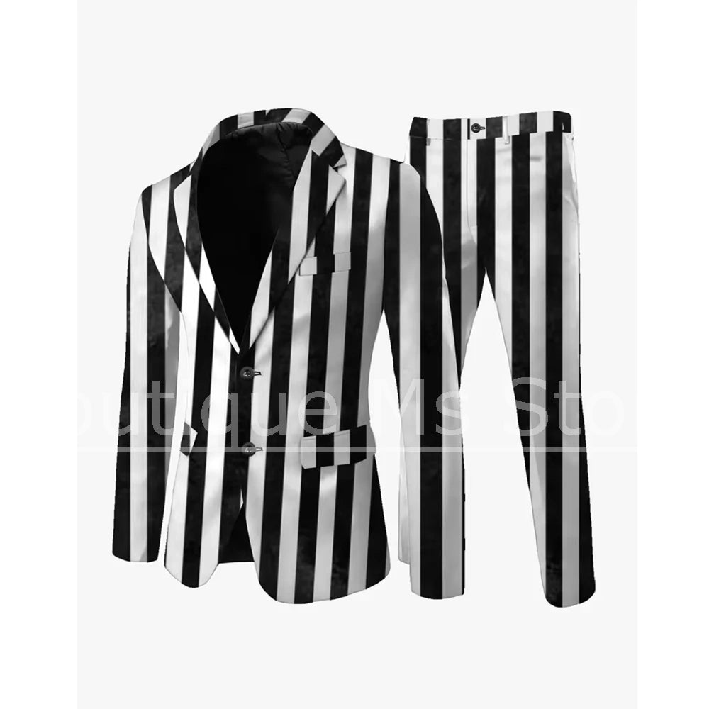 Men's Black and White Vertical Striped 2 Piece Suit Chic Single Breasted Outfit Party Prom Business Casual Formal Male Suit
