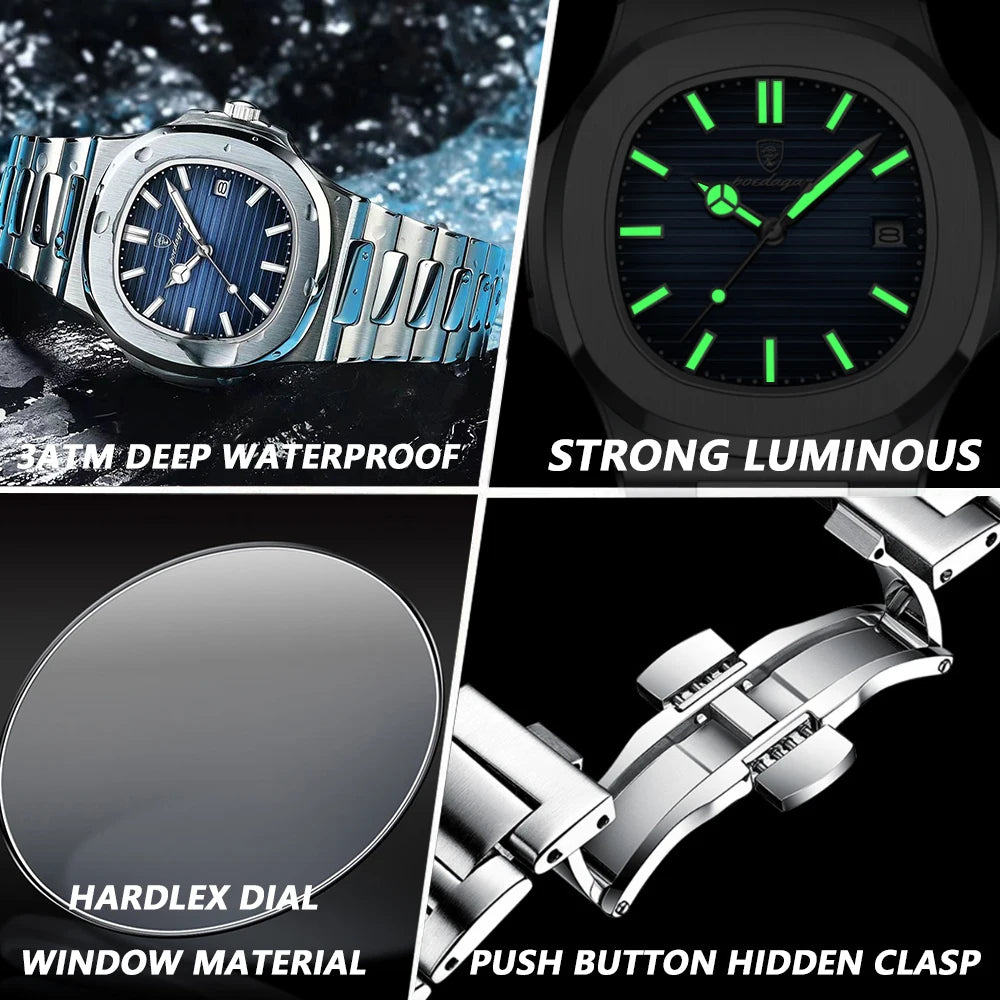 Square Luxury Men's Watch - Waterproof Stainless Steel Quartz Timepiece
