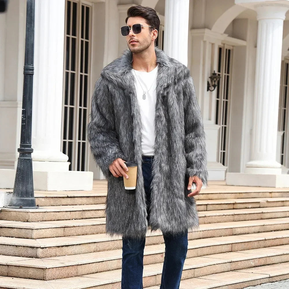 Men's Luxury Faux Fur Winter Coat - Long Sleeve Warm Jacket