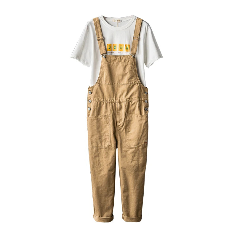 Men's Khaki Cargo Overalls with Adjustable Suspenders