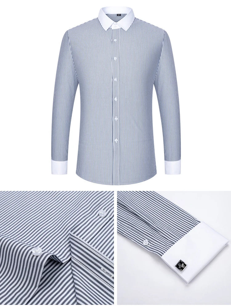 Men's Formal Long Sleeve Striped Shirt with French Cuffs & Contrast Spread Collar, Suitable for Business Wedding, All Seasons