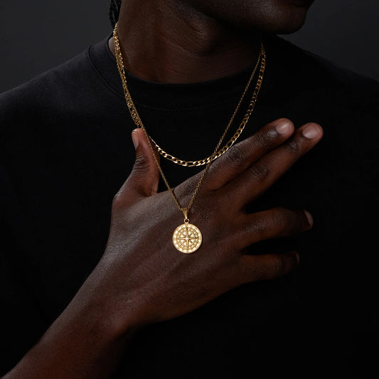 Vnox Layered Necklaces for Men Compass Pendant and Stainless Steel Cuban Figaro Wheat Chain - Casual Retro Collar Style