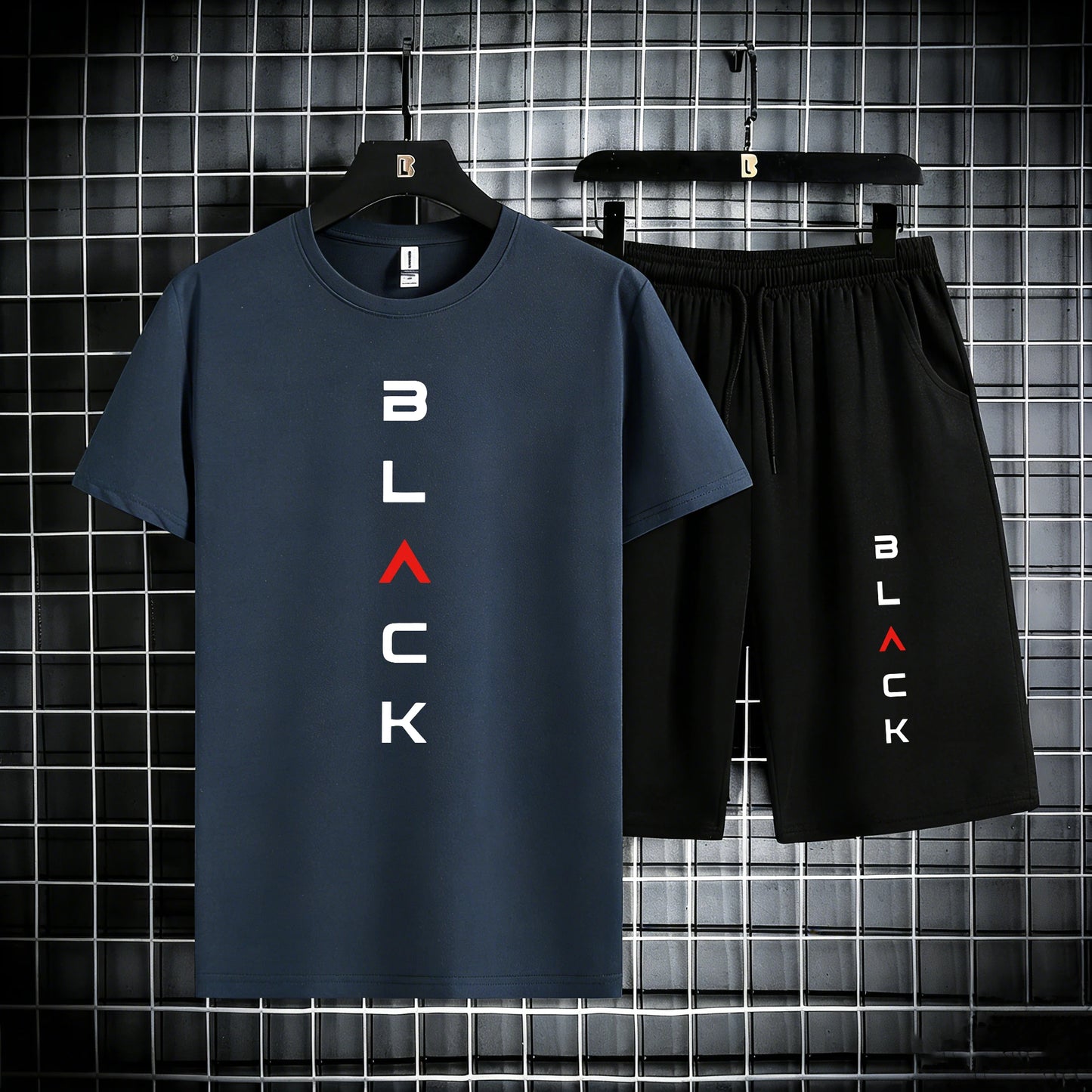 Black Simple Letter Pattern Mens Cotton Summer Classic Short Suits Cool All-Match Streetwear Soft Pocket Bottom Daily 2Pc Set