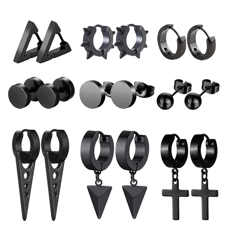 Urban Edge Punk Black Stainless Steel Stud Earrings For Men And Women - Minimalist Street Style For Hip Hop Gothic Looks