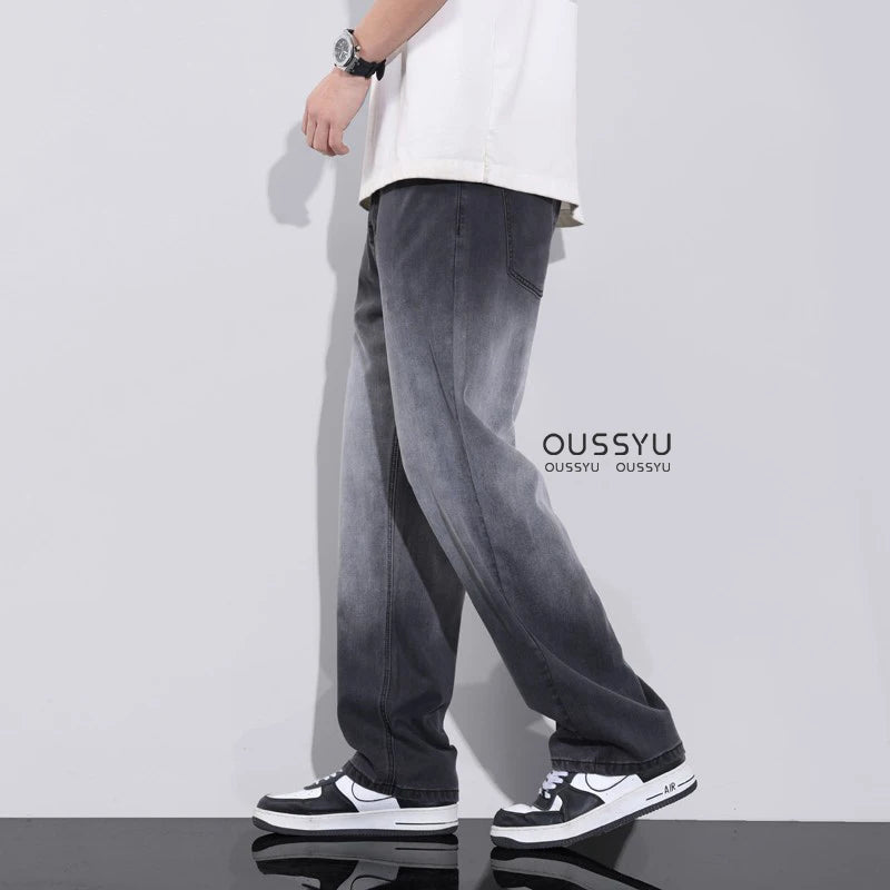 Men's Gradient Grey Loose Fit Jeans - Lyocell Fabric Wide Leg Pants