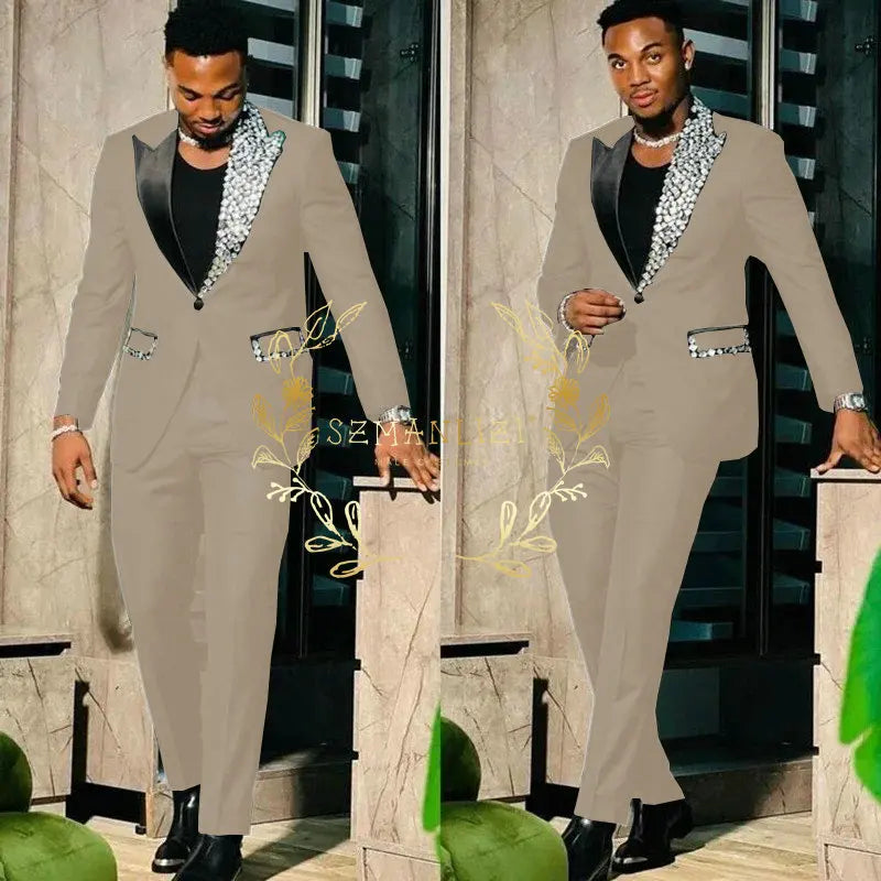 Slim Fit Suit Single Breasted Peak Lapel Blazer High Quality Crystal Prom Party 2 Piece Jacket & Pants for Men