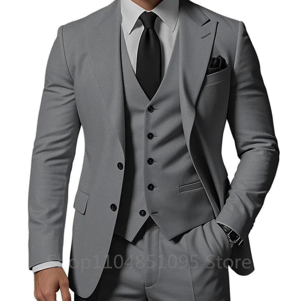 3 Piece Solid Wedding Men Suits Formal Groom Tuxedos Prom Party Male Suits Fashion Men Clothing Set Peak Lapel Jacket Pants Vest