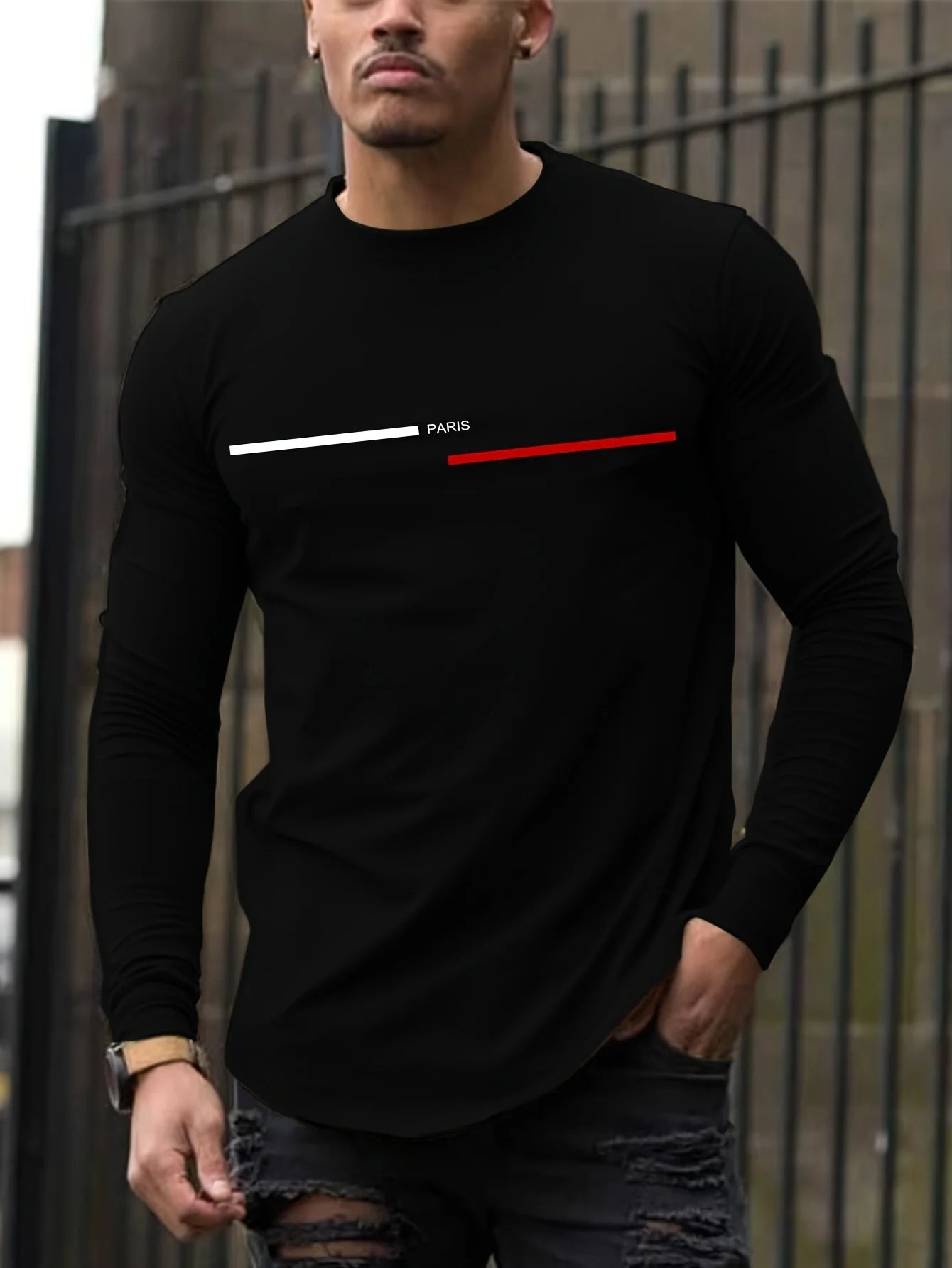 Men's Paris Print Cotton T-Shirt - Long Sleeve Casual Tee