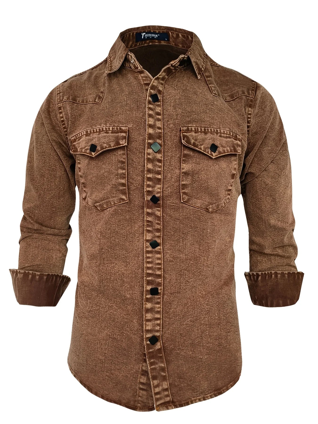 Men's Vintage Washed Denim Long Sleeve Shirt Hand-Washed Workwear Style Brown Shirt with Double Pockets and Diamond Buttons