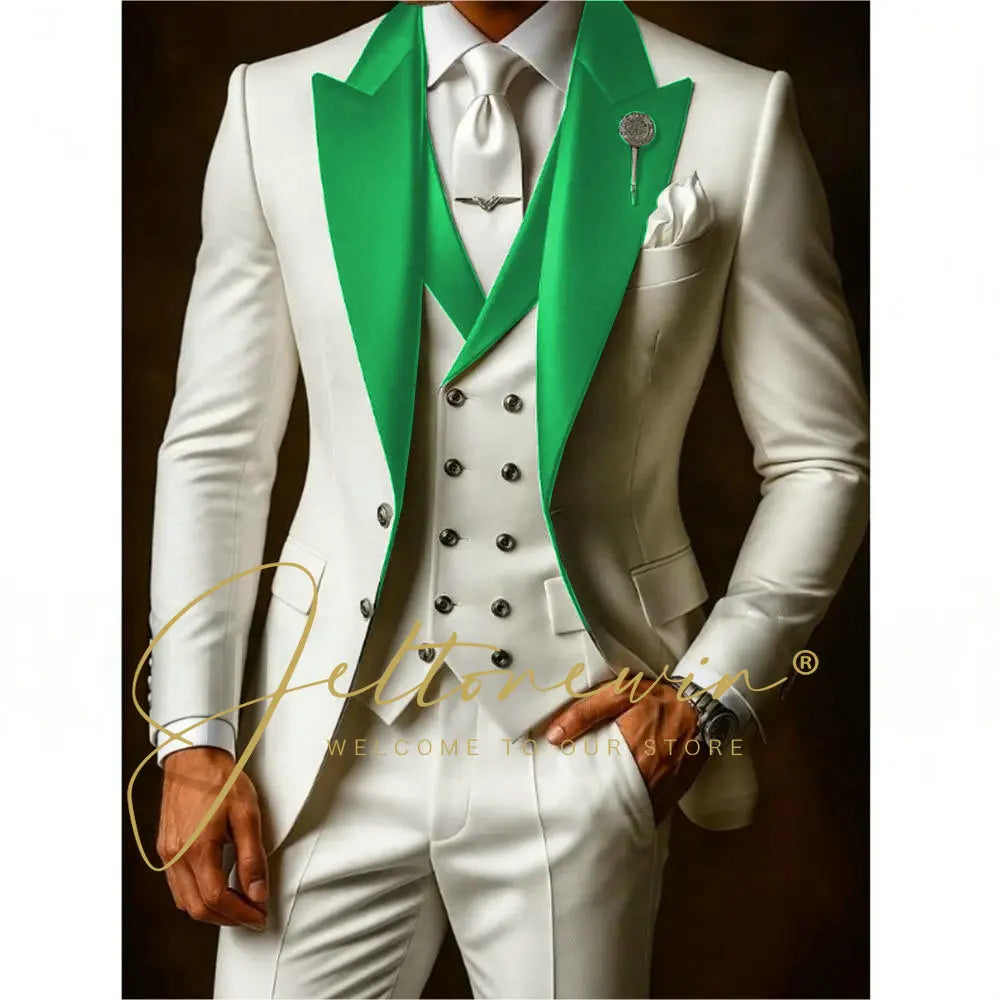 White Suit Set For Men Wedding Party Fashion Blazer Vest Pants Formal  Groom Groomsmen Tailor-made Male High Quality Tuxedos