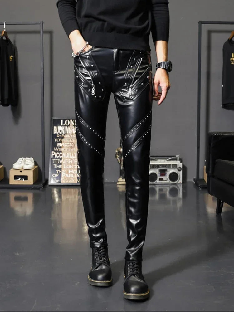 Men's Faux Leather Biker Pants - Slim Fit Motorcycle Trousers