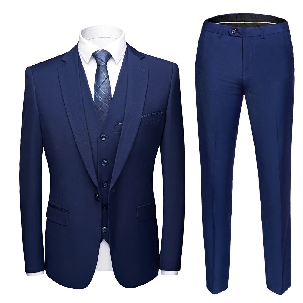 Men Suit Set Simple Solid Color Long Sleeve Male Outfit Single-breasted Slim Business Wedding Versatile Men Three-piece Suits
